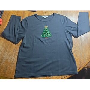 Mercer Street Studio Christmas Tree Sequin Top Women's Size L Black Long Sleeve